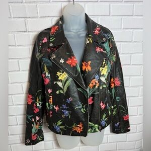 PATRIZIA LUCA Black Leather Jacket Bold Floral Print and Tailored Fit/size S